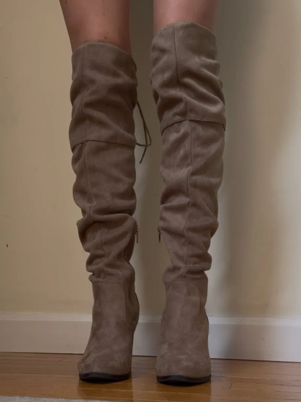 Taupe Slouch Knee-High Block Heel Boots